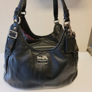 Coach Madison Maggie Black Leather Silver Hardware Purple Liner No J1168-16603